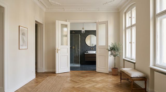 Renovierte Berliner Altbauwohnung mit Fischgrätparkett und Blick ins neue Bad