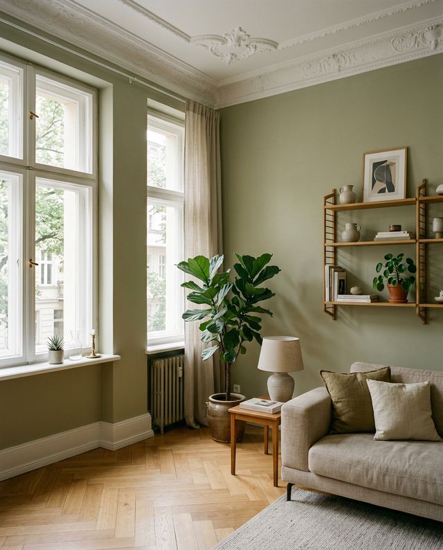 Altbau-Wohnzimmer mit salbeigrüner Wand